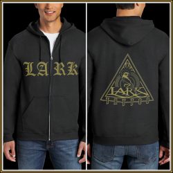 UNISEX, ZIP-UP BLK HOODIE – OLD ENGLISH “LARK” AND TRIANGLE LOGO