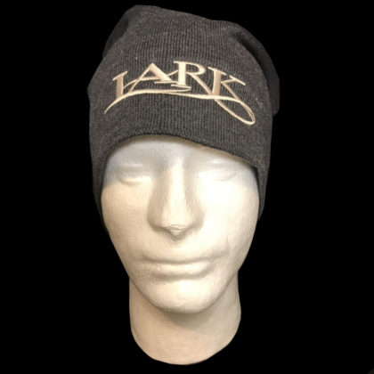 $20.00: Lark Fancy Lettering on Slouch Beanie Cap - Colors: white embroidery on charcoal colored hat