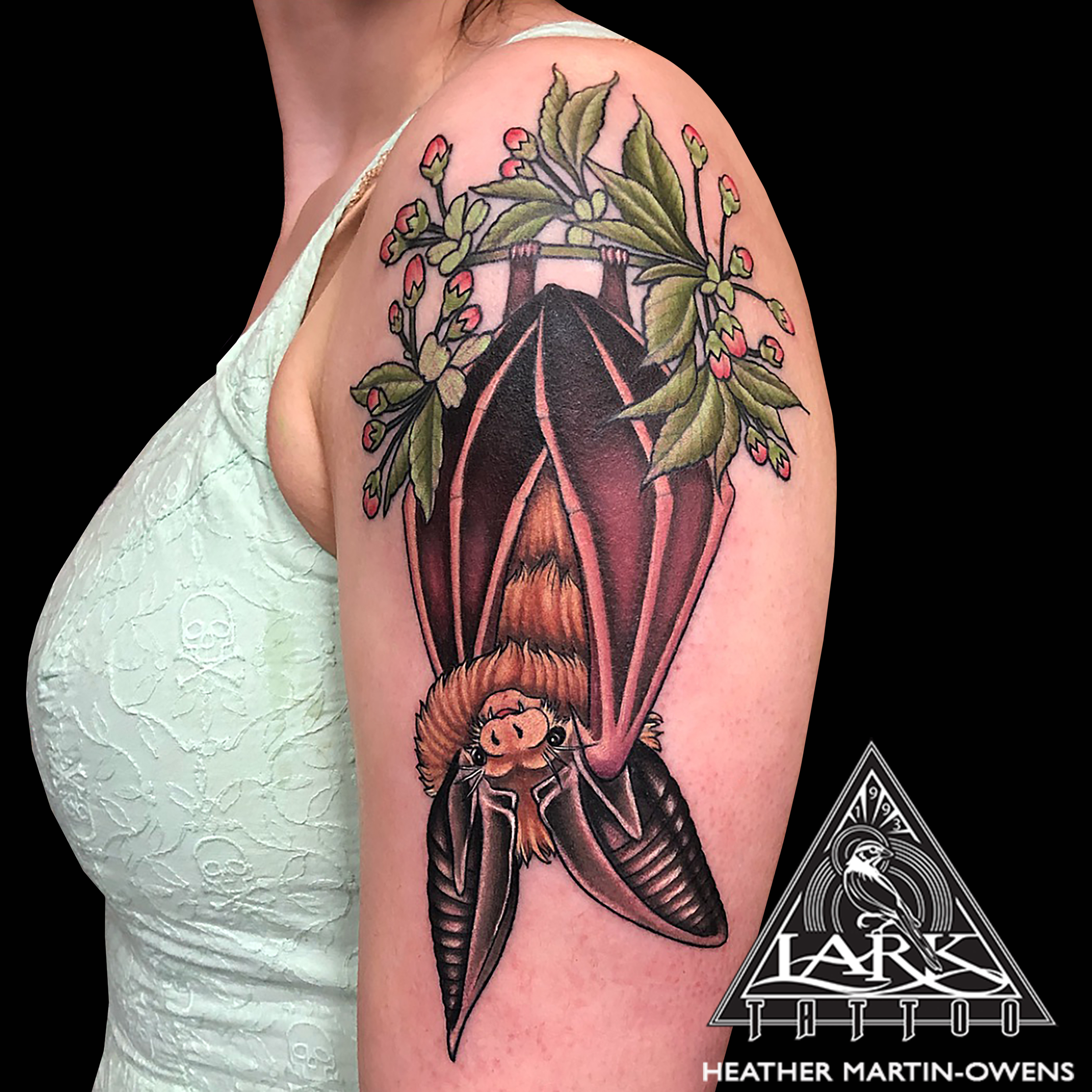 colortattoo, bat, battattoo, brownbat, brownbattattoo, EuropeanLongEaredBrownBat, EuropeanLongEaredBrownBatTattoo, armtattoo, cherryblossom, cherryblossomtattoo, femaletattoo, femaletattooartist, femaletattooer, ladytattooer, femaleartist, tattoo, tattoos, tat, tats, tatts, tatted, tattedup, tattoist, tattooed, inked, inkedup, ink, tattoooftheday, amazingink, bodyart, tattooig, tattoosofinstagram, instatats , larktattoo, larktattoos, larktattoowestbury, westbury, longisland, NY, NewYork, usa, art, heather, Martin, owens