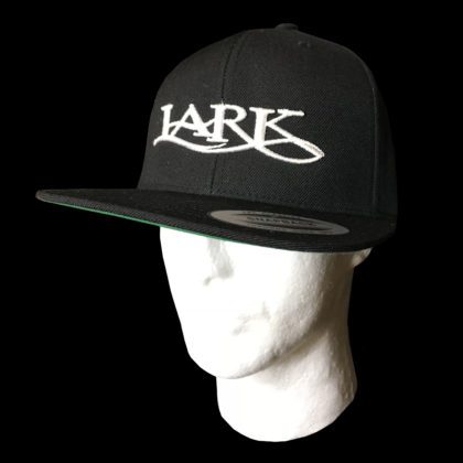 $25.00: Lark Fancy Lettering on Snapback Baseball Cap - Colors: white embroidery on black colored hat