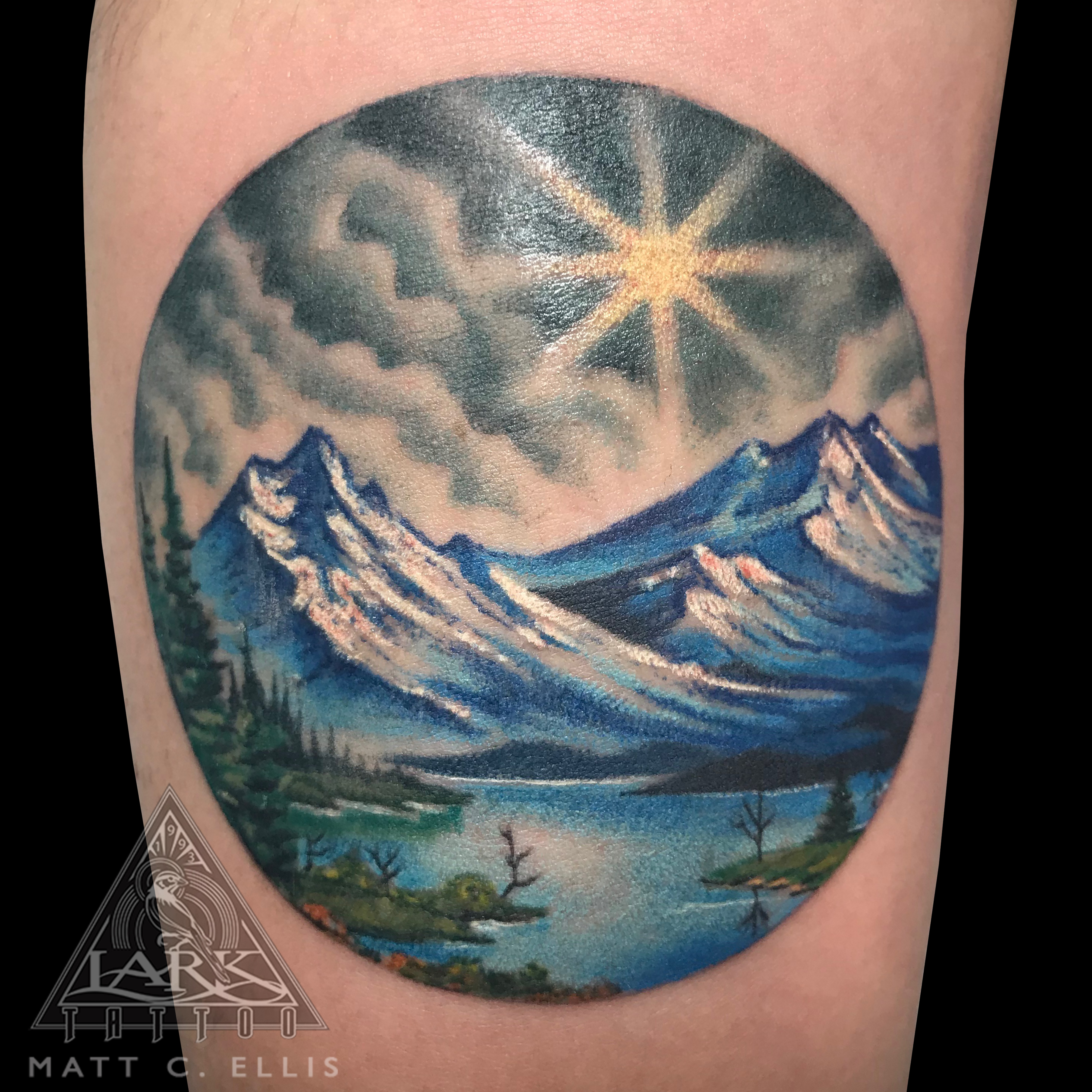 Nature, NatureTattoo, NaturePainting, NaturePaintingTattoo, Mountains, MountainsTattoo, Mountain, MountainTattoo, Painting, PaintingTattoo, ColorTattoo, Beautiful, BeautifulTattoo, Forearm, ForearmTattoo, BobRoss, BobRossTattoo, HappyLittleTrees, HappyLittleTreesTattoo, HappyLittleClouds, HappyLittleCloudsTattoo, tattoo, tattoos, tat, tats, tatts, tatted, tattedup, tattoist, tattooed, inked, inkedup, ink, tattoooftheday, amazingink, bodyart, larktattoo, larktattoos, larktattoowestbury, westbury, longisland, NY, NewYork, usa, art