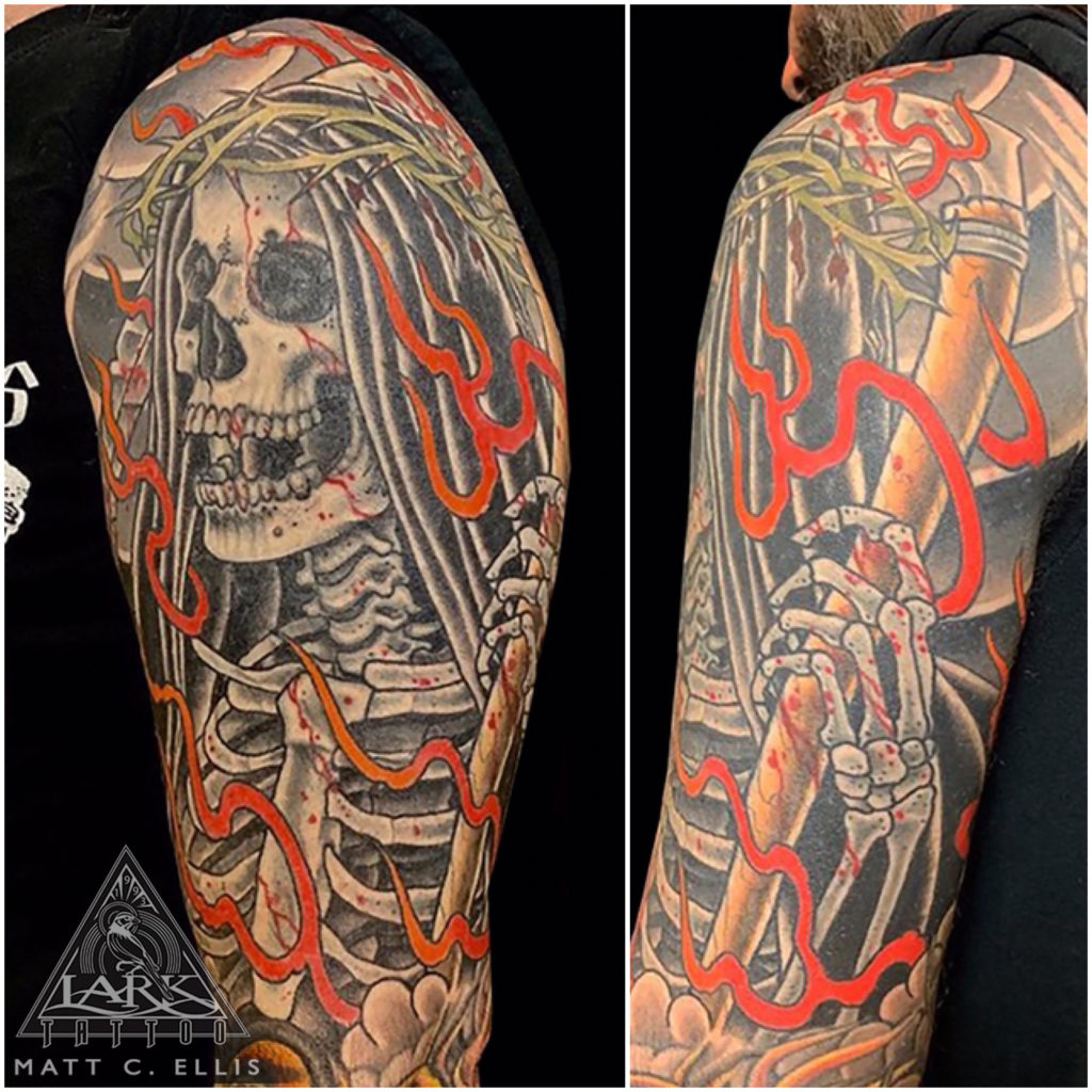 #Skeleton #SkeletonTattoo #HalfSleeve #HalfSleeveTattoo #Arm #ArmTattoo #Bicep #BicepTattoo #GrimReeper #GrimReeperTattoo #Death #DeathTattoo #Fire #FireTattoo #Flames #FlamesTattoo #ColorTattoo  #tattoo #tattoos #tat #tats #tatts #tatted #tattedup #tattoist #tattooed #inked #inkedup #ink #tattoooftheday #amazingink #bodyart #larktattoo #larktattoos #larktattoowestbury #westbury #longisland #NY #NewYork #usa #art  