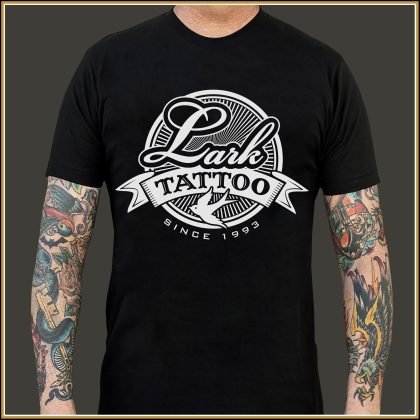 $15.00: Lark Circle logo printed in WHT on BLK shirt
