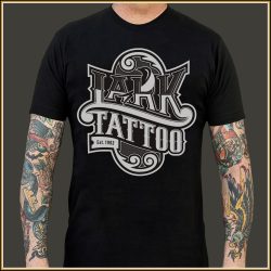 $15.00: Lark Scroll design printed in WHT on BLK shirt