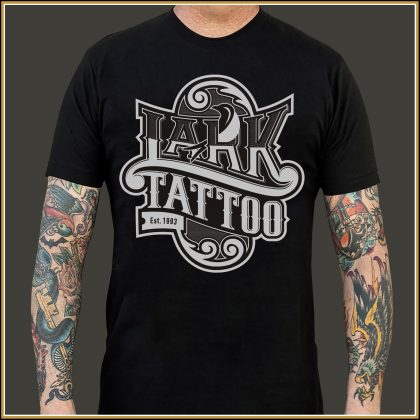 $15.00: Lark Scroll design printed in WHT on BLK shirt