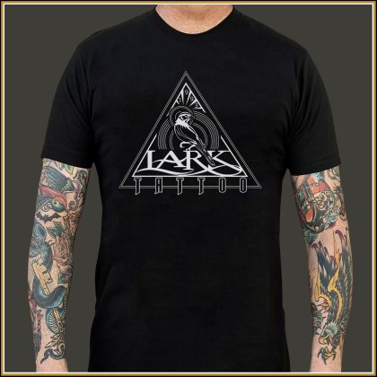 $15.00: Lark Triangle Logo in WHT on a BLK tri-blend T-Shirt