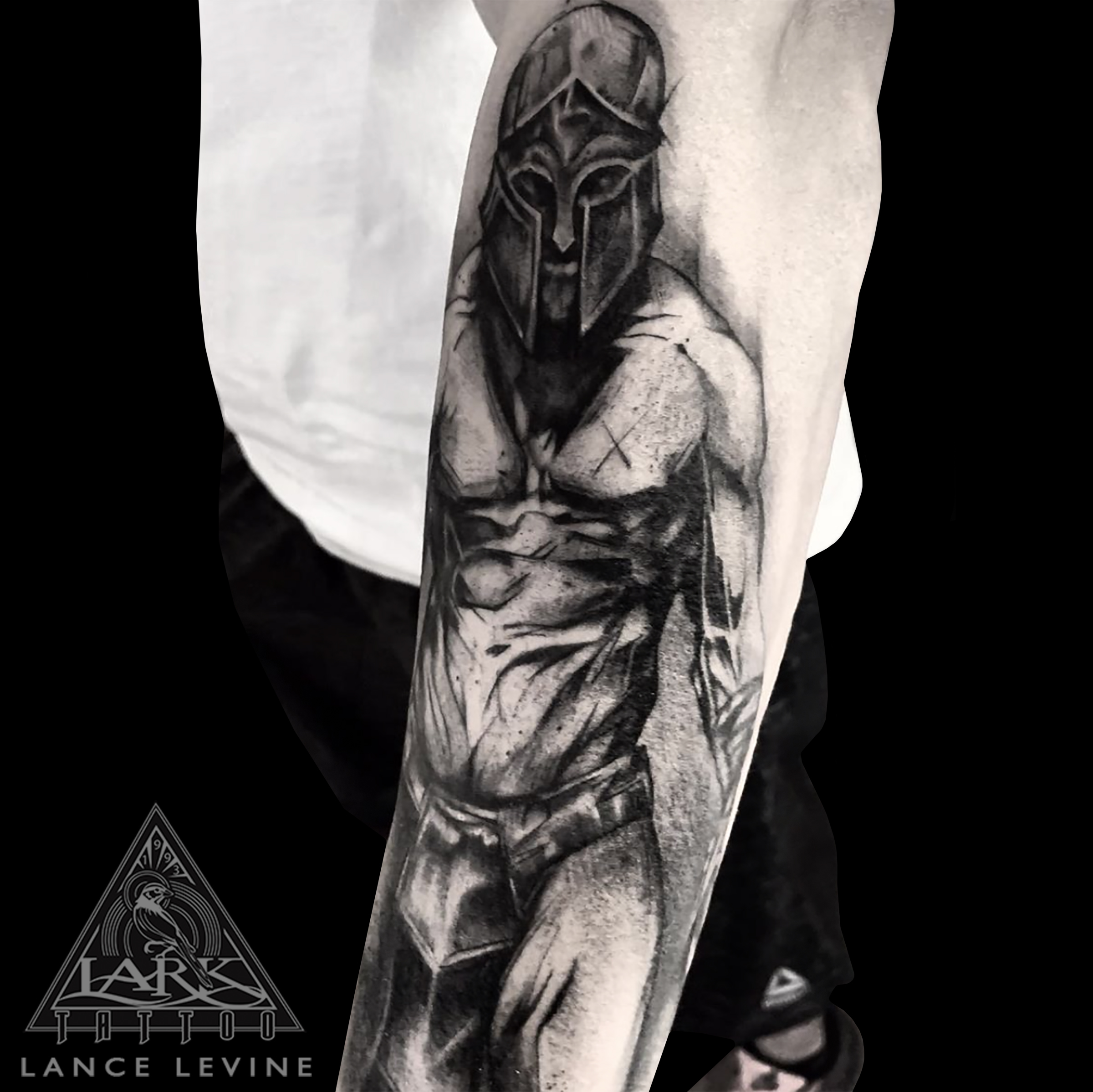 Black and grey Spartan tattoo, inspired by 300.