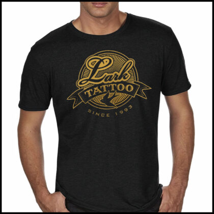 $18.00: Circle LOGO, golden yellow on a soft tri-blend BLACK t-shirt