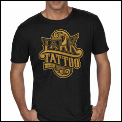 $18.00: Lark Scroll logo, golden yellow on a soft tri-blend BLACK t-shirt