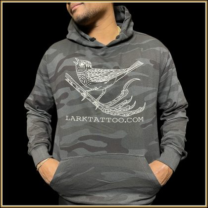 $40.00: UNISEX, LARK Pull-Over Black Camo Hoodie - Lark On A Lark