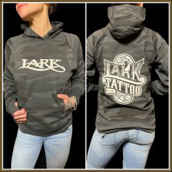 $40.00: WOMEN'S FIT, pull-over BLK camo hoodie, “LARK” and scroll