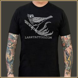 $15.00: Lark's little lark on a lark leg shirt, white printing on a soft tri-blend BLACK t-shirt