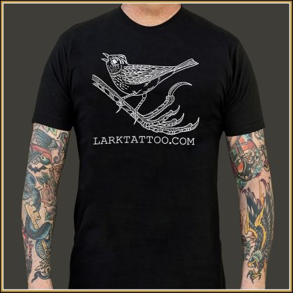 $15.00: Lark's little lark on a lark leg shirt, white printing on a soft tri-blend BLACK t-shirt