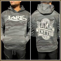 $40.00: UNISEX, Pull-Over BLK Camo Hoodie - "Lark" and Scroll
