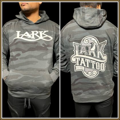 $40.00: UNISEX, Pull-Over BLK Camo Hoodie - "Lark" and Scroll