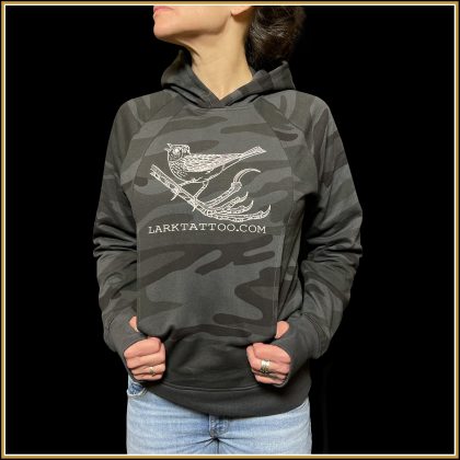 $40.00: WOMEN'S FIT, pull-over BLK camo hoodie - Lark's lark  on a lark