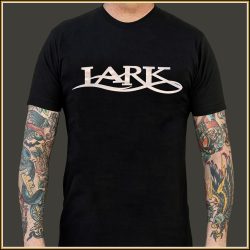 $15.00: Stylized Lark font printed in WHT on BLK shirt